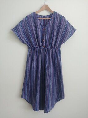 Emery Rose Large cotton blend blue purple striped midi dress elasticated waist